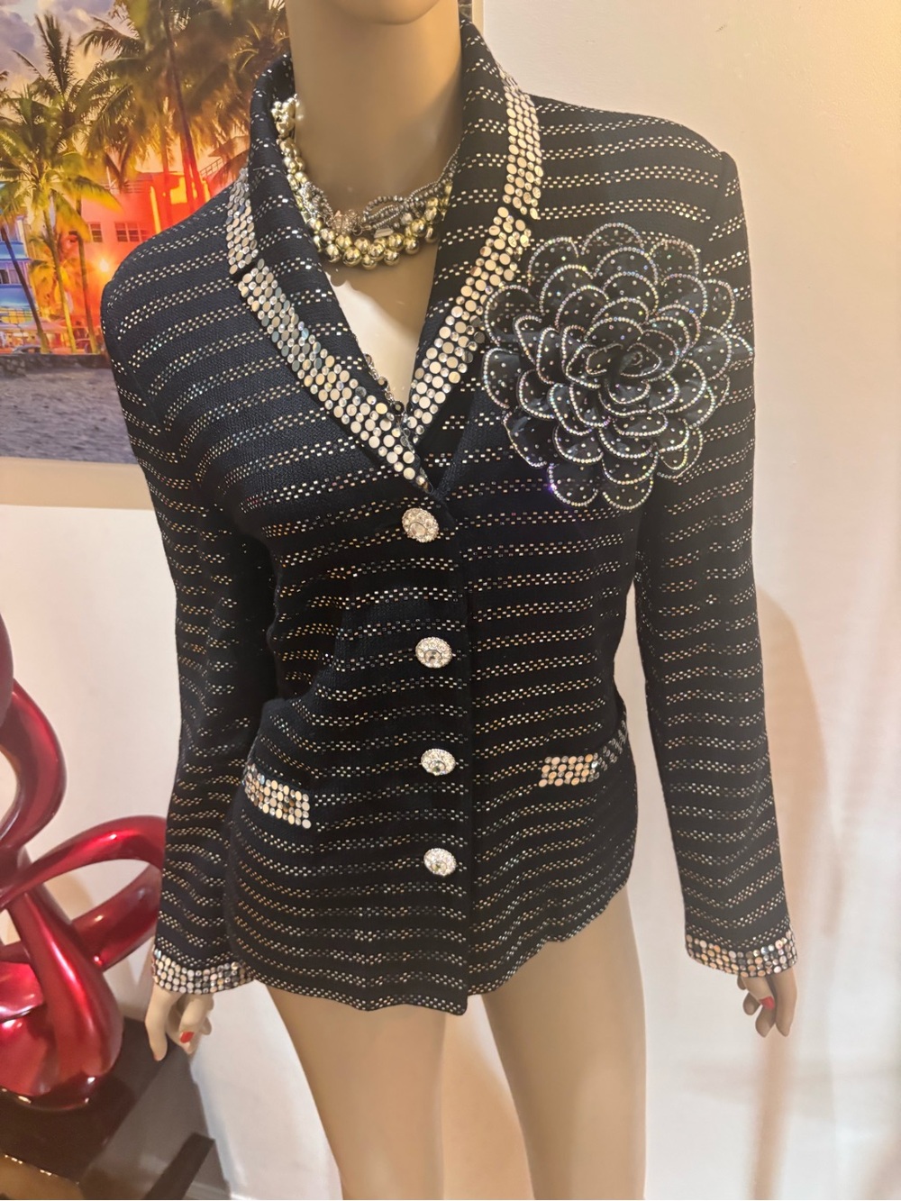 St. John Black Silver Rhinestone Embellished Blazer jacket evening paillettes 10